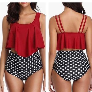 Retro Flounce Racerback Tankini w/ High Waisted Ruched Bottoms in Vintage Print
